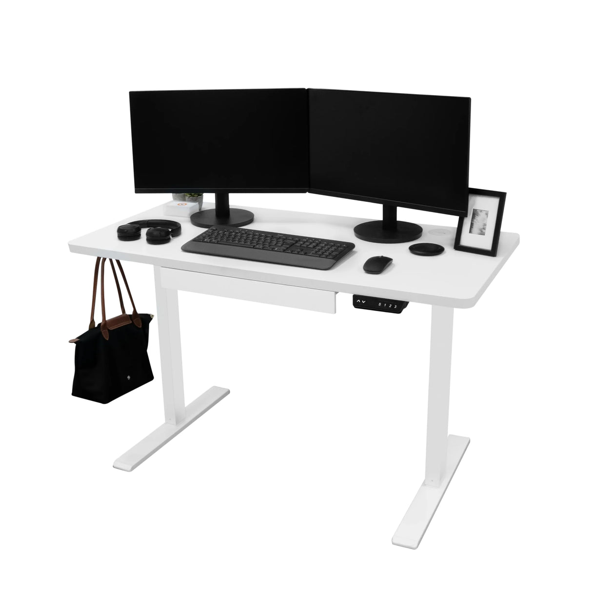 Electric standing desk with drawer, sleek white finish, spacious 120cm x 60cm surface, dual monitor setup, modern design
