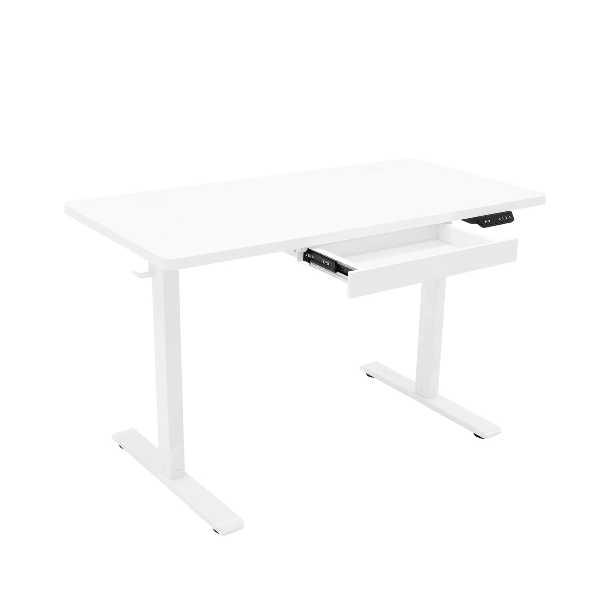 Electric standing desk in sleek white finish, featuring a spacious 120cm x 60cm top and convenient pull-out drawer for storage