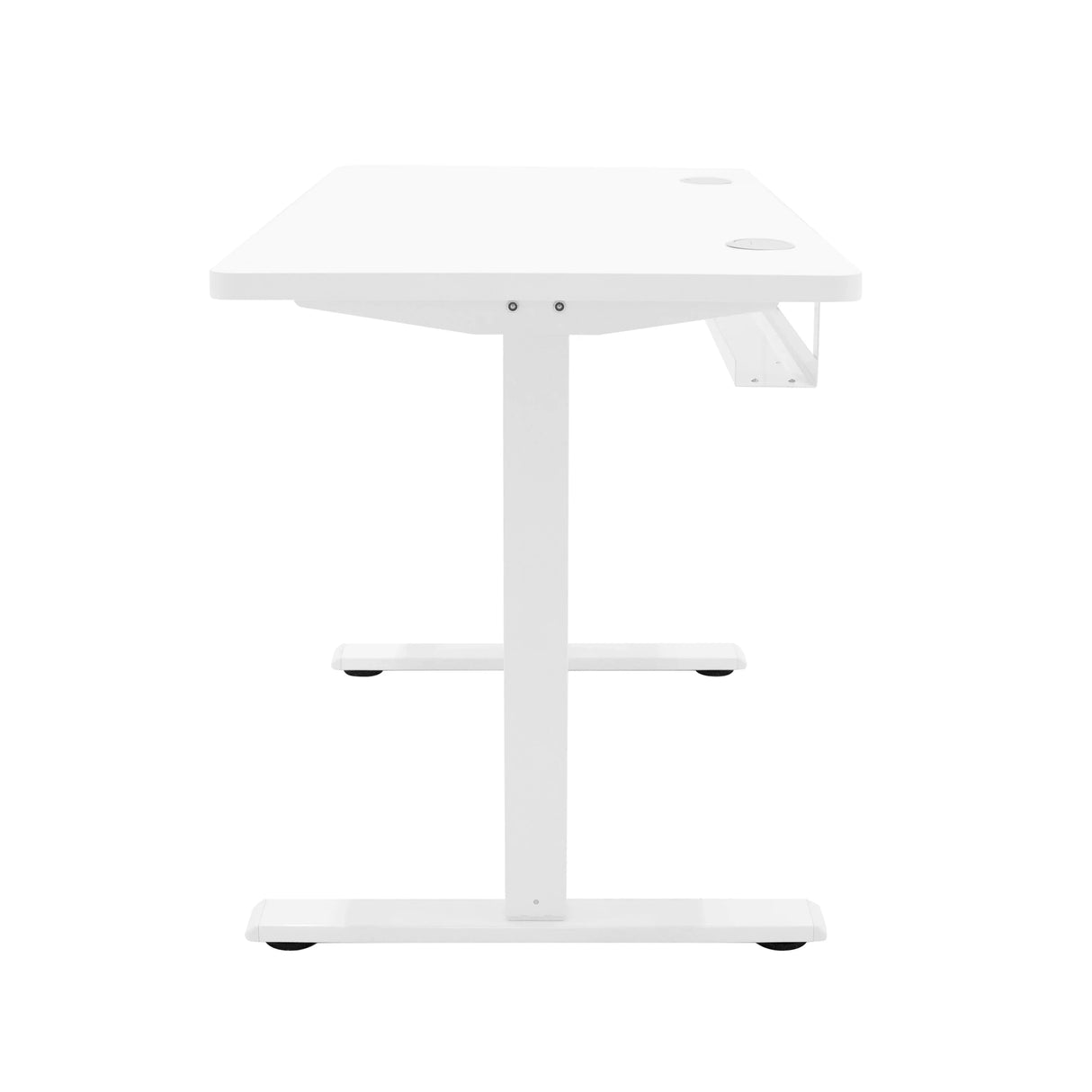 Electric standing desk in sleek white finish, featuring a smooth surface, sturdy frame, and a convenient side drawer for storage