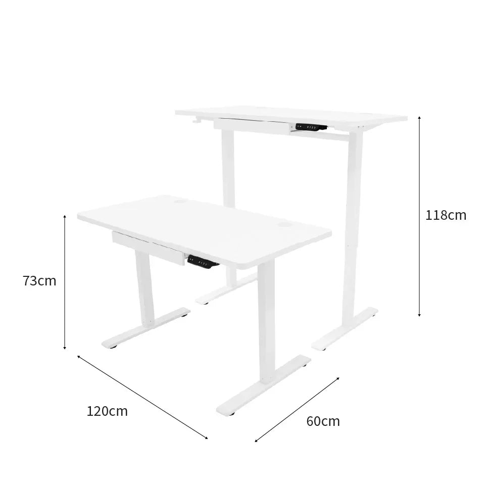 Electric standing desk with drawer, sleek white finish, adjustable height, modern design, dimensions 120cm x 60cm x 118cm