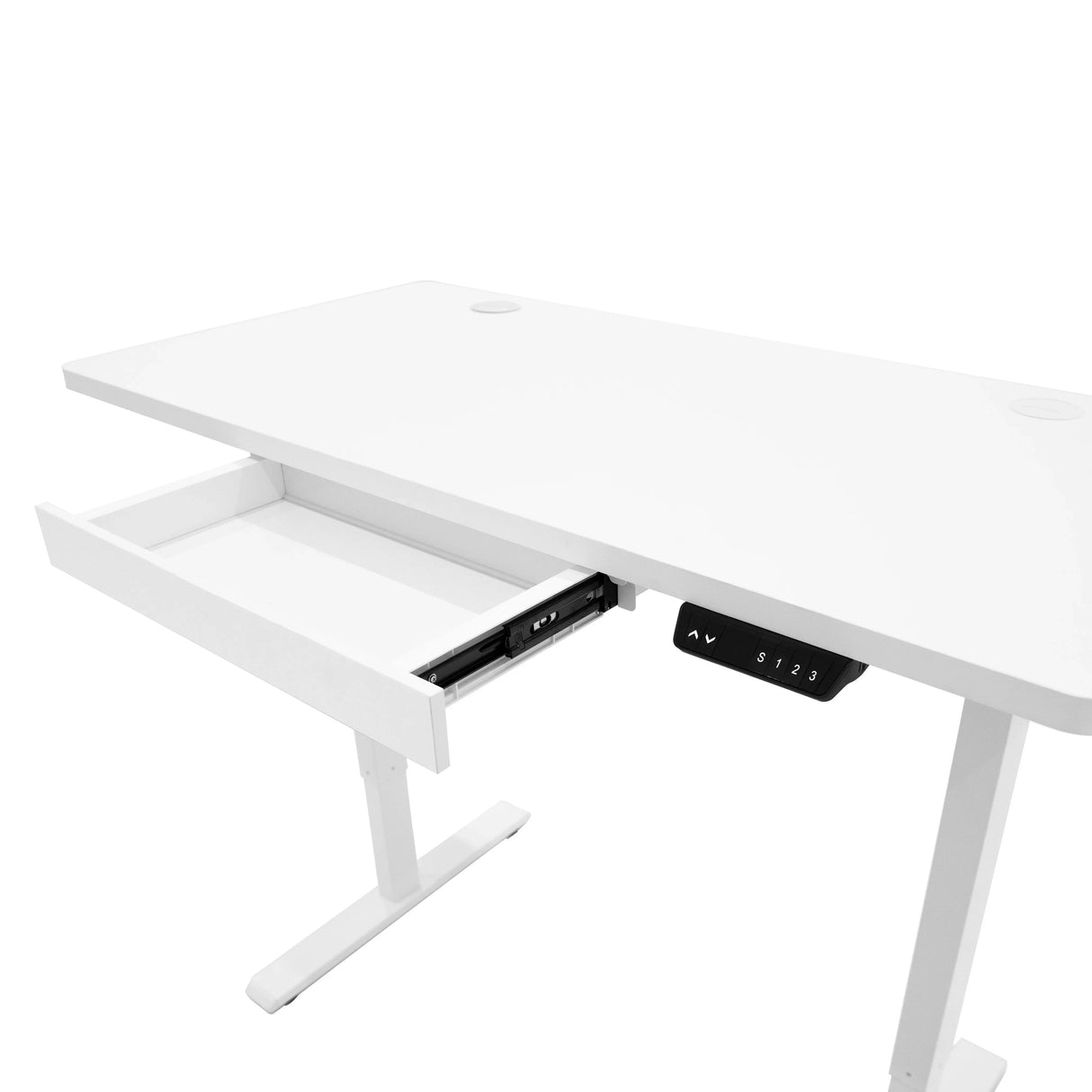 Electric standing desk in sleek white finish, featuring a smooth surface, integrated drawer, and digital control panel for height adjustment