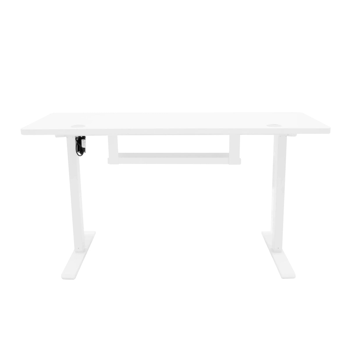 Electric standing desk in sleek white finish, featuring a spacious 140cm x 60cm surface and built-in drawer for storage