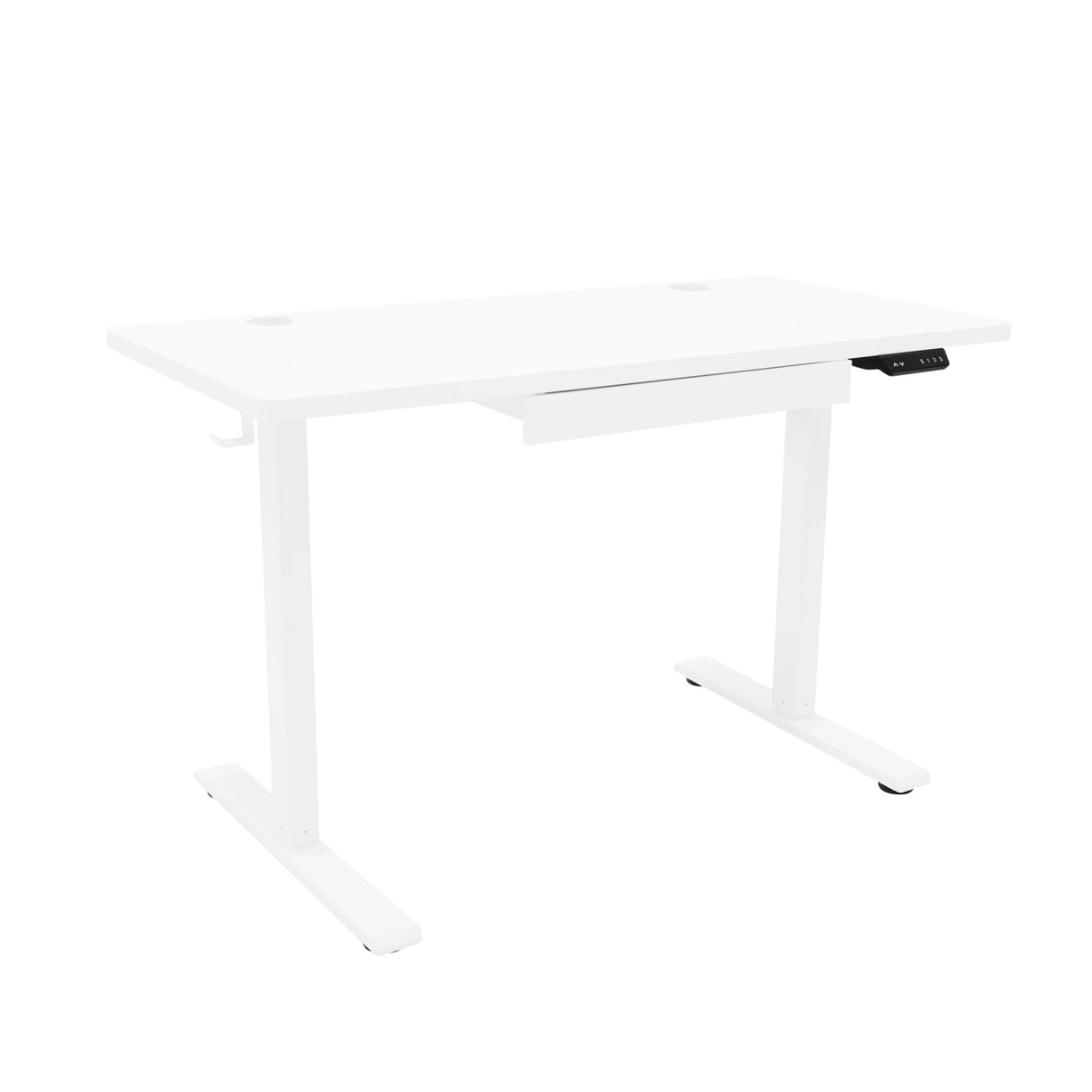 Electric standing desk in sleek white finish, featuring a smooth surface, modern design, and convenient drawer for storage