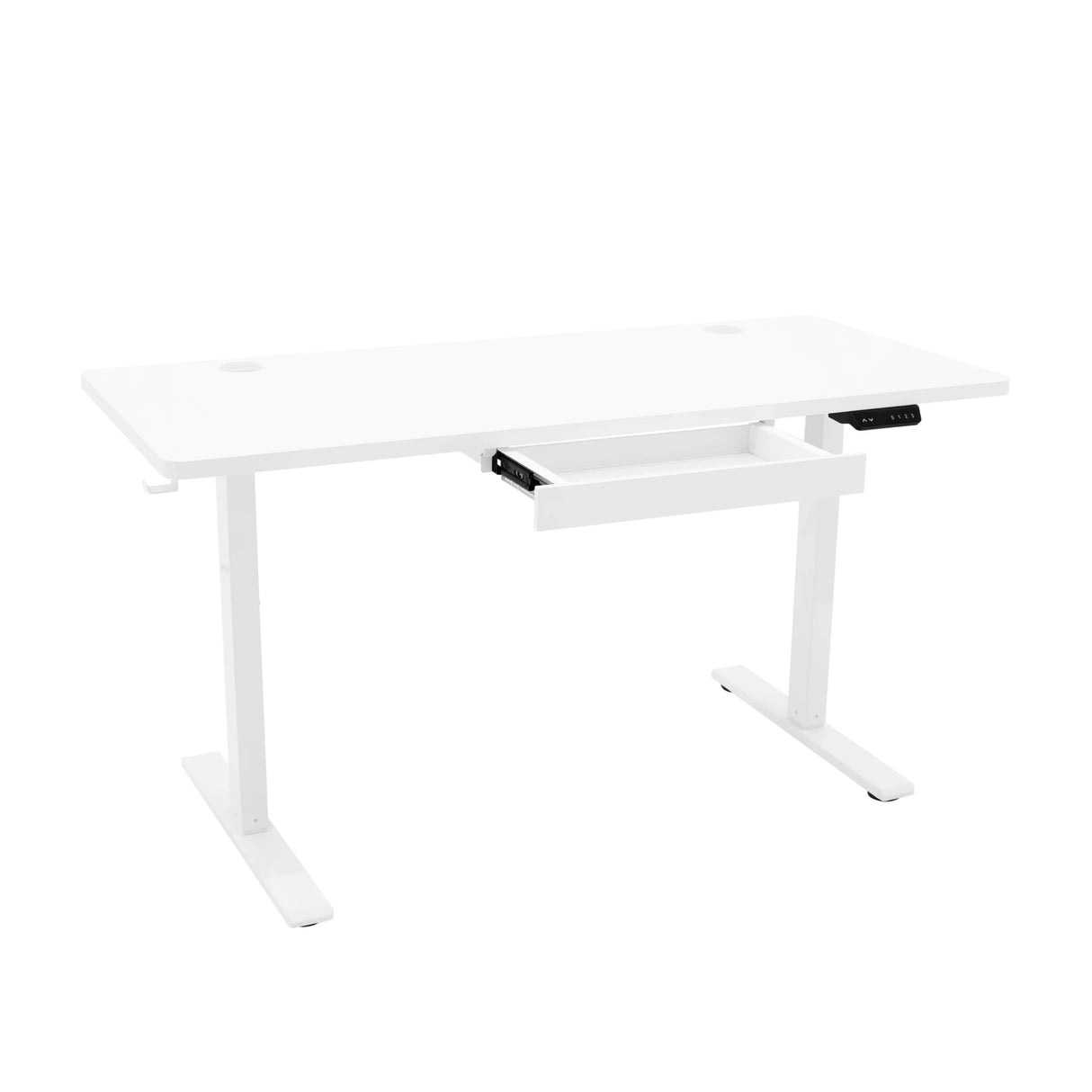 Electric standing desk in sleek white finish, featuring a spacious 140cm x 60cm top and a convenient pull-out drawer for storage