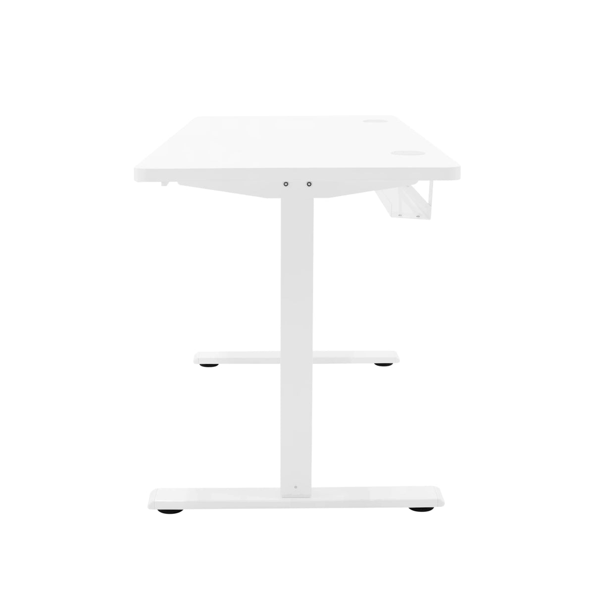 Electric standing desk in sleek white finish, featuring a minimalist design, sturdy frame, and integrated drawer for storage