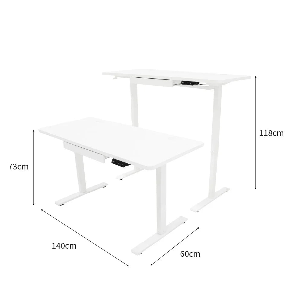 Electric standing desk with a sleek white finish, featuring a drawer and adjustable height from 73cm to 118cm, dimensions 140cm x 60cm