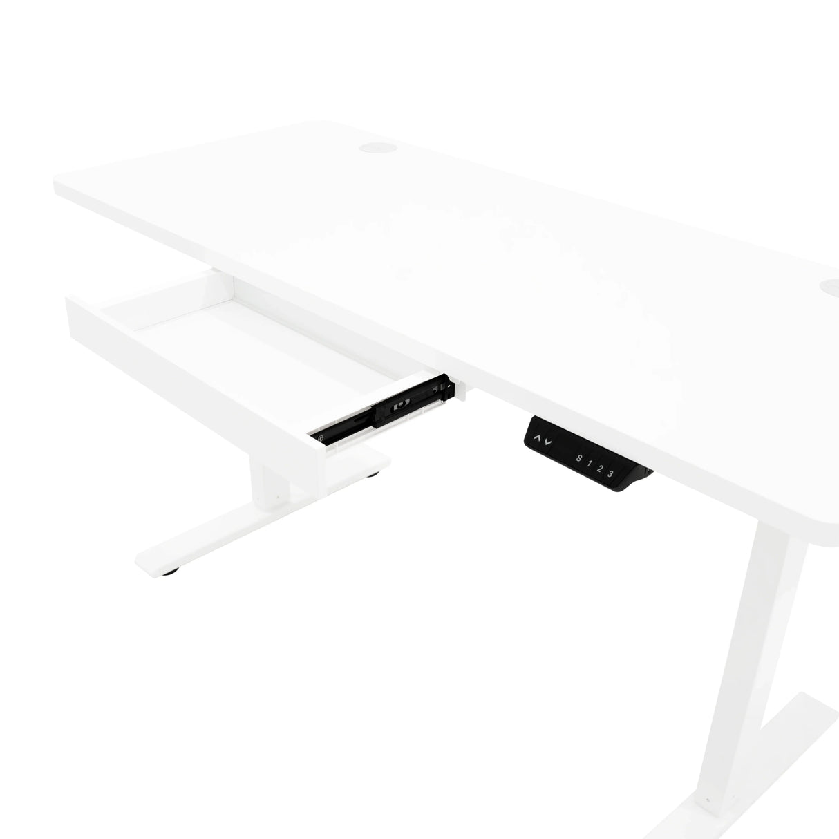 Electric standing desk in sleek white finish, featuring a smooth surface, integrated drawer, and adjustable height controls
