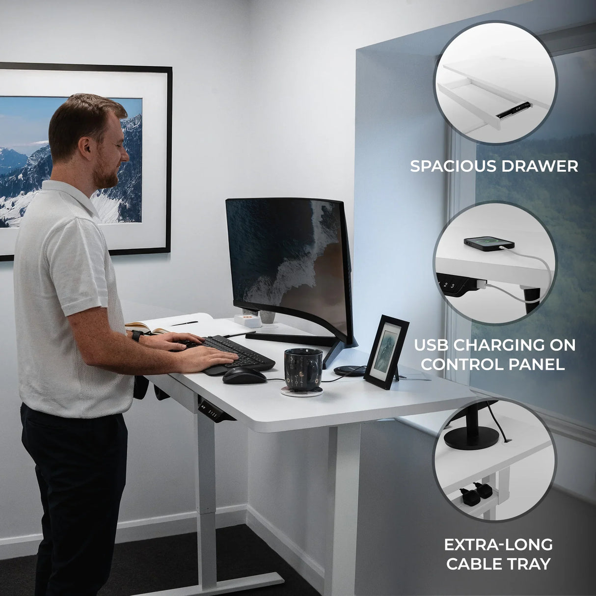 Electric standing desk with spacious drawer, sleek white finish, USB charging panel, and extra-long cable tray, perfect for home office use