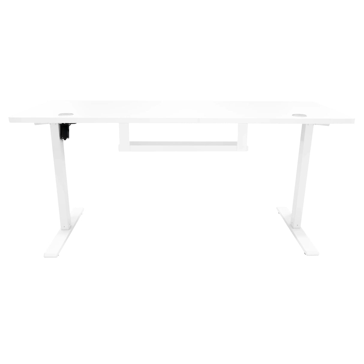 Electric standing desk with a sleek white finish, spacious 160cm x 60cm top, and built-in drawer for storage and organization