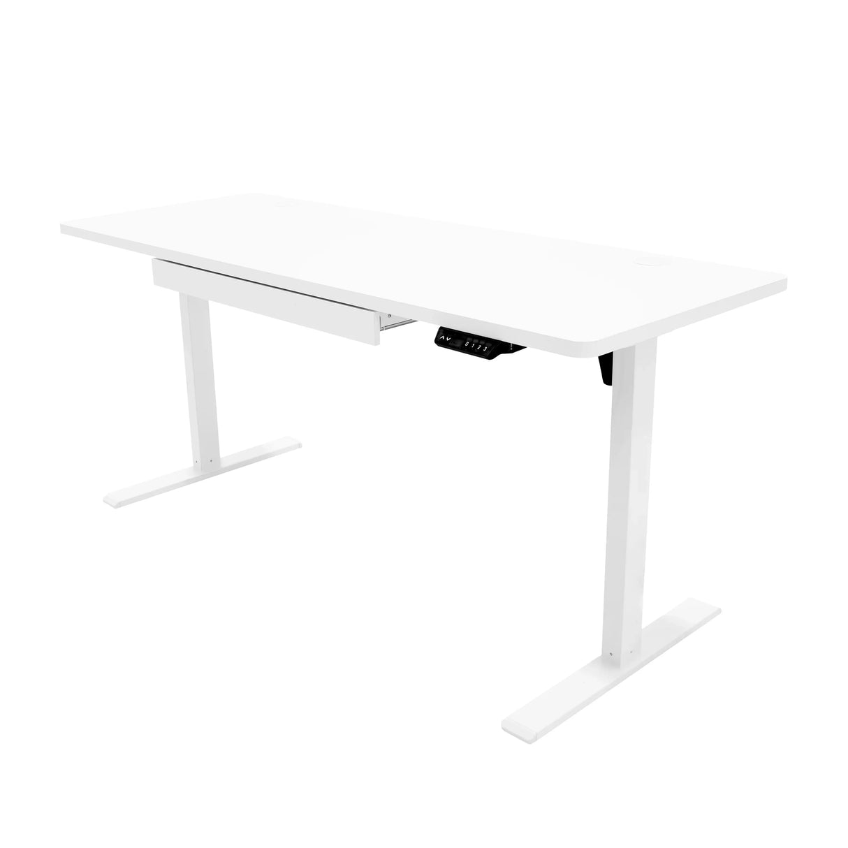 Electric standing desk in sleek white finish, featuring a smooth surface, minimalist design, and a convenient drawer for storage