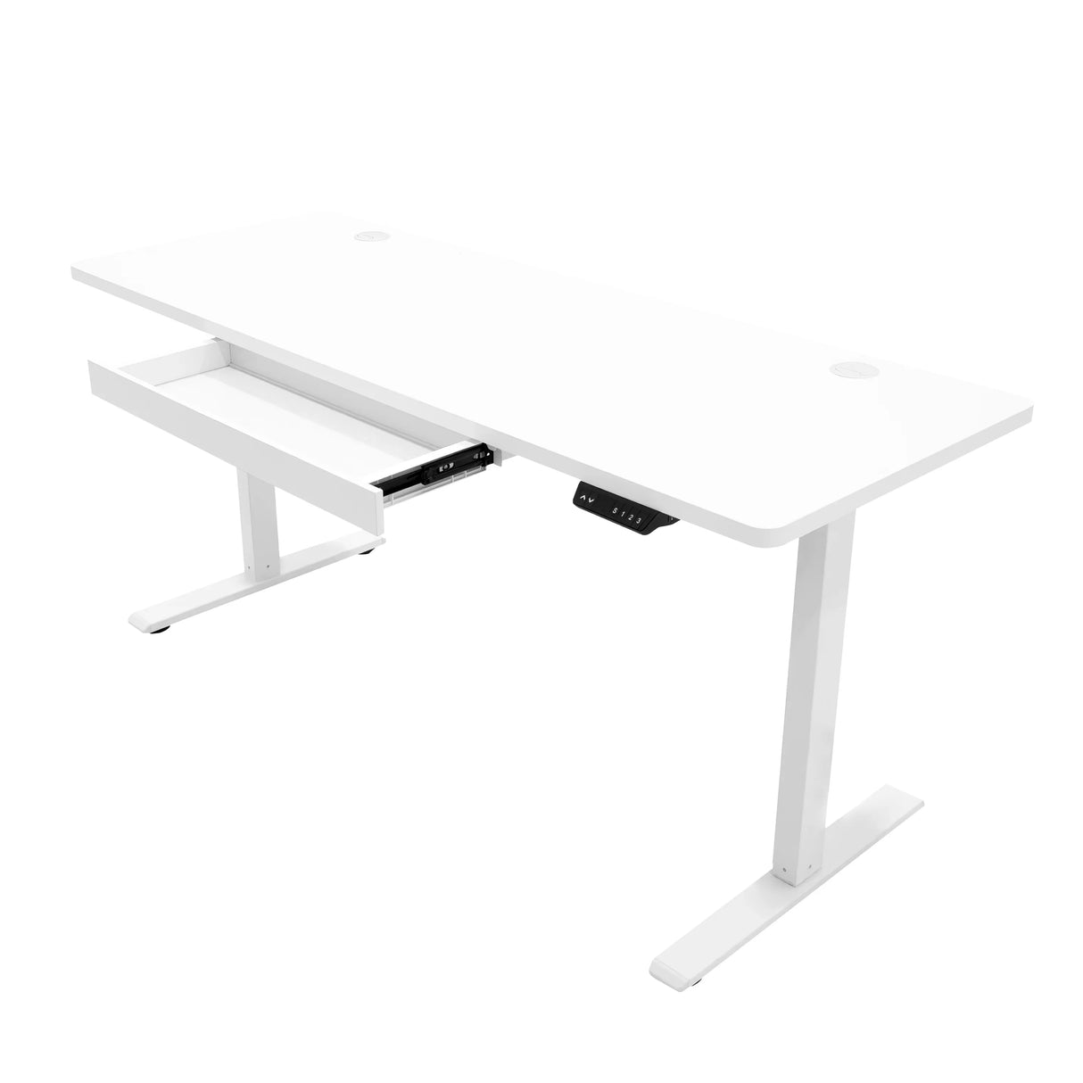 Electric standing desk in sleek white finish, featuring a spacious 160cm x 60cm top and a convenient pull-out drawer for storage