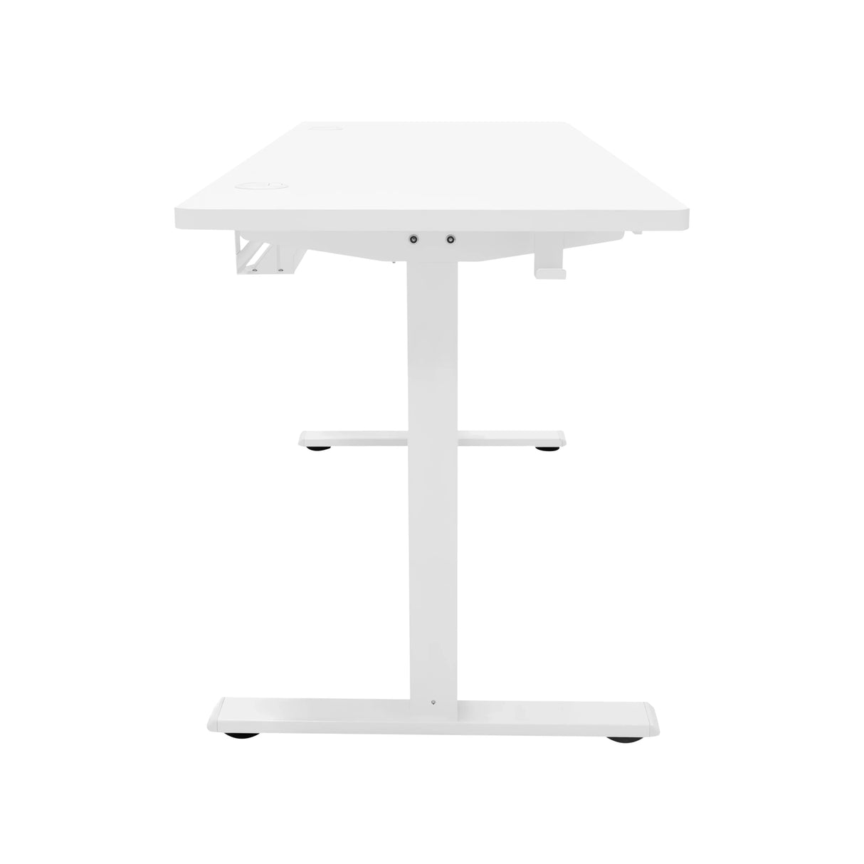 Electric standing desk with a sleek white finish, featuring a sturdy frame, smooth surface, and integrated drawer for storage
