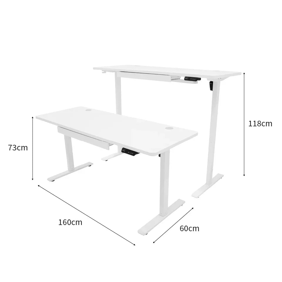 Electric standing desk with drawer, sleek white finish, adjustable height, modern design, dimensions 160cm x 60cm, ideal for home office
