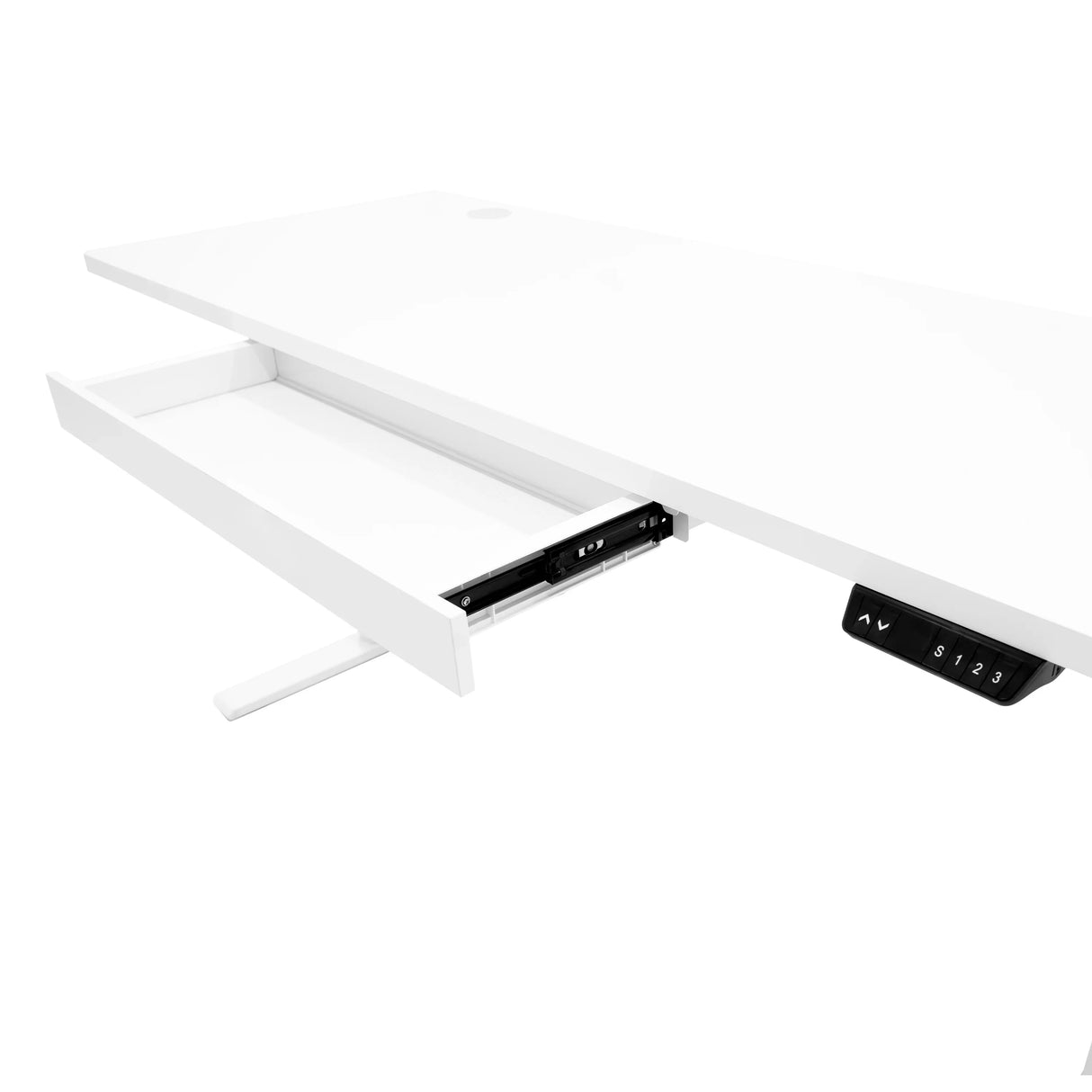 Electric standing desk in sleek white finish, featuring a pull-out drawer and adjustable height control panel for ergonomic use