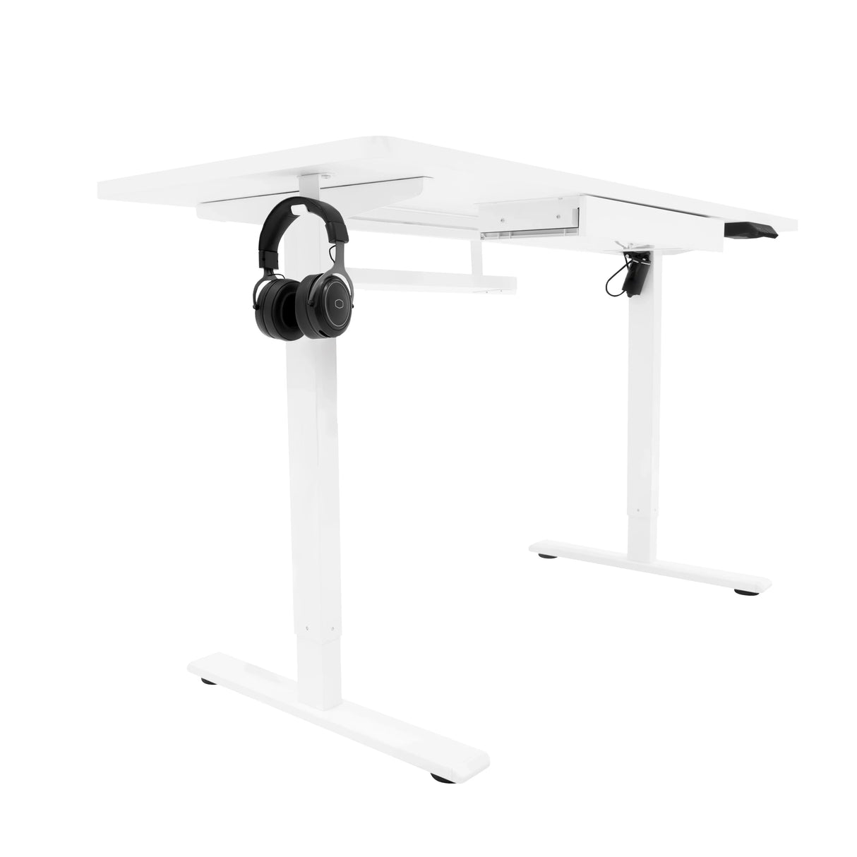 Electric standing desk in sleek white finish, featuring a built-in drawer and headphone hook, ideal for modern workspaces