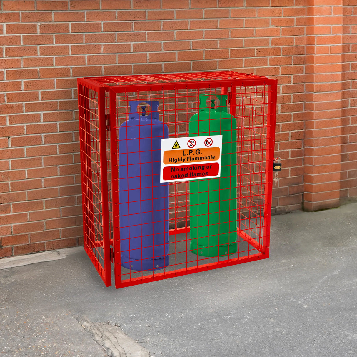 Red collapsible mesh cage for gas bottles, featuring a sturdy grid design, housing two colored gas cylinders, with safety warning signs