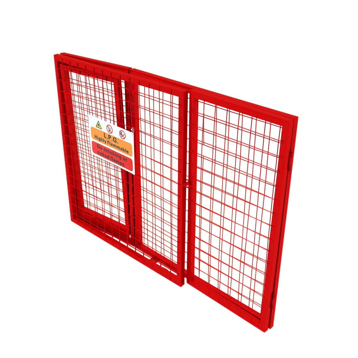 Red collapsible mesh cage for gas bottles, featuring a sturdy metal frame, grid design, and safety signage, measuring 90cm x 80cm x 43cm