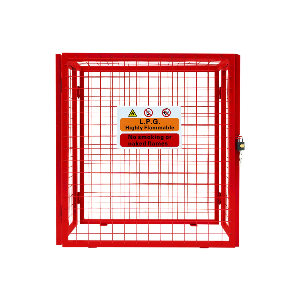 Red collapsible mesh cage for gas bottles, measuring 90cm x 80cm x 43cm, featuring safety warning signs and a sturdy frame