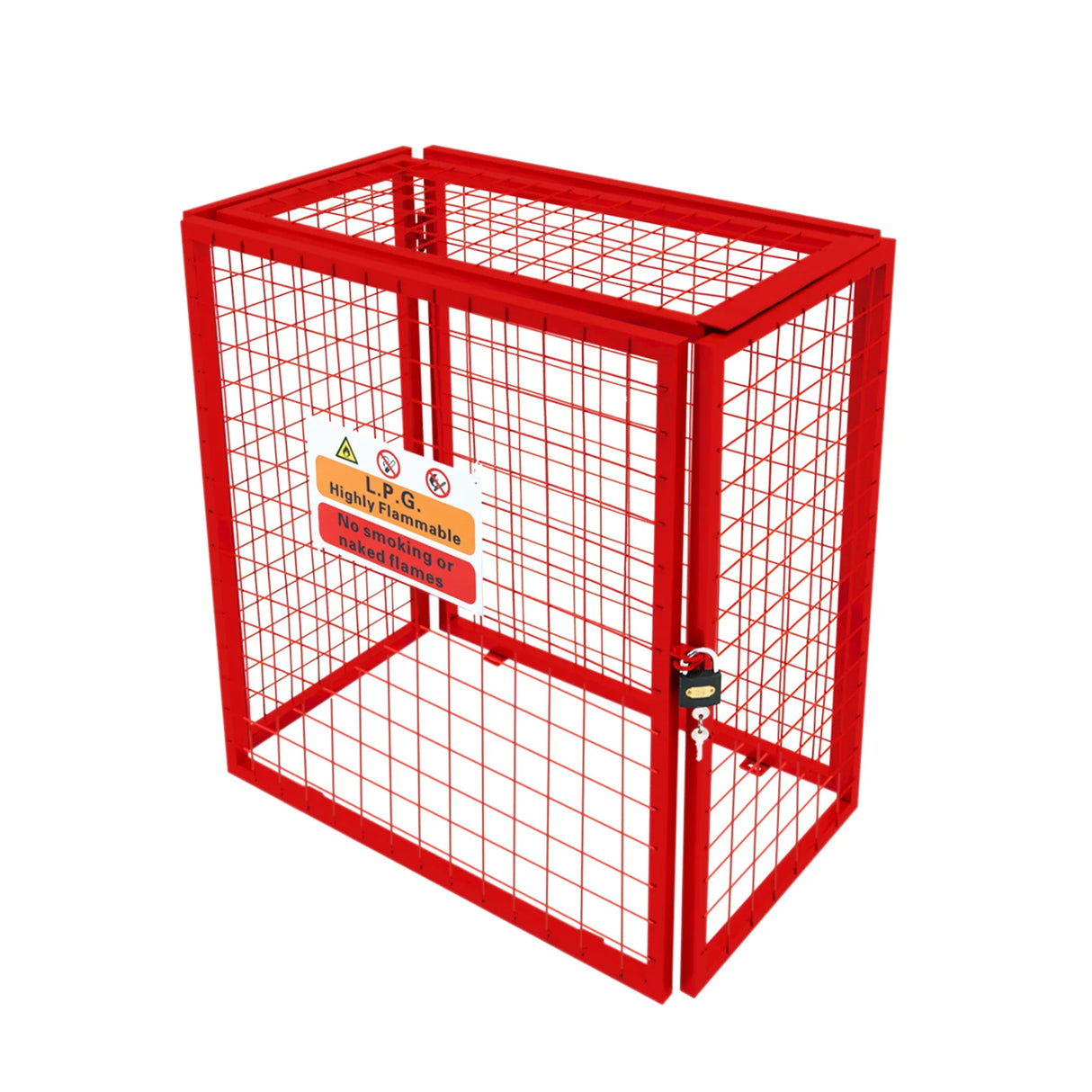 Red collapsible mesh cage for gas bottles, featuring a sturdy grid design, secure lock, and safety warning signage, dimensions 90cm x 80cm x 43cm