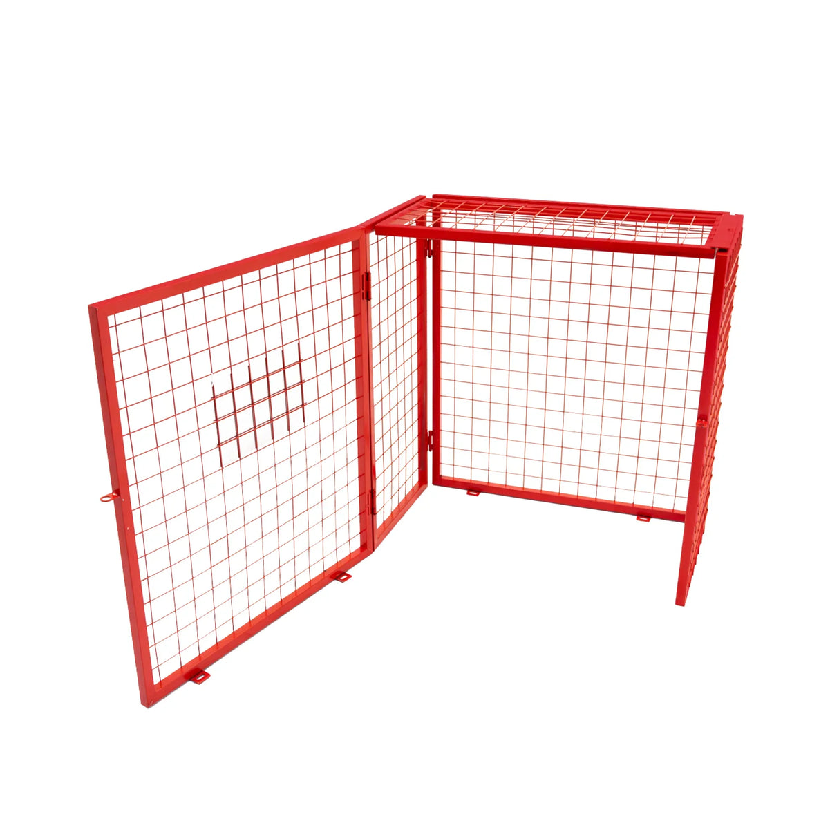 Collapsible red mesh cage for gas bottles, measuring 90cm x 80cm x 43cm, featuring a sturdy grid design and secure door closure