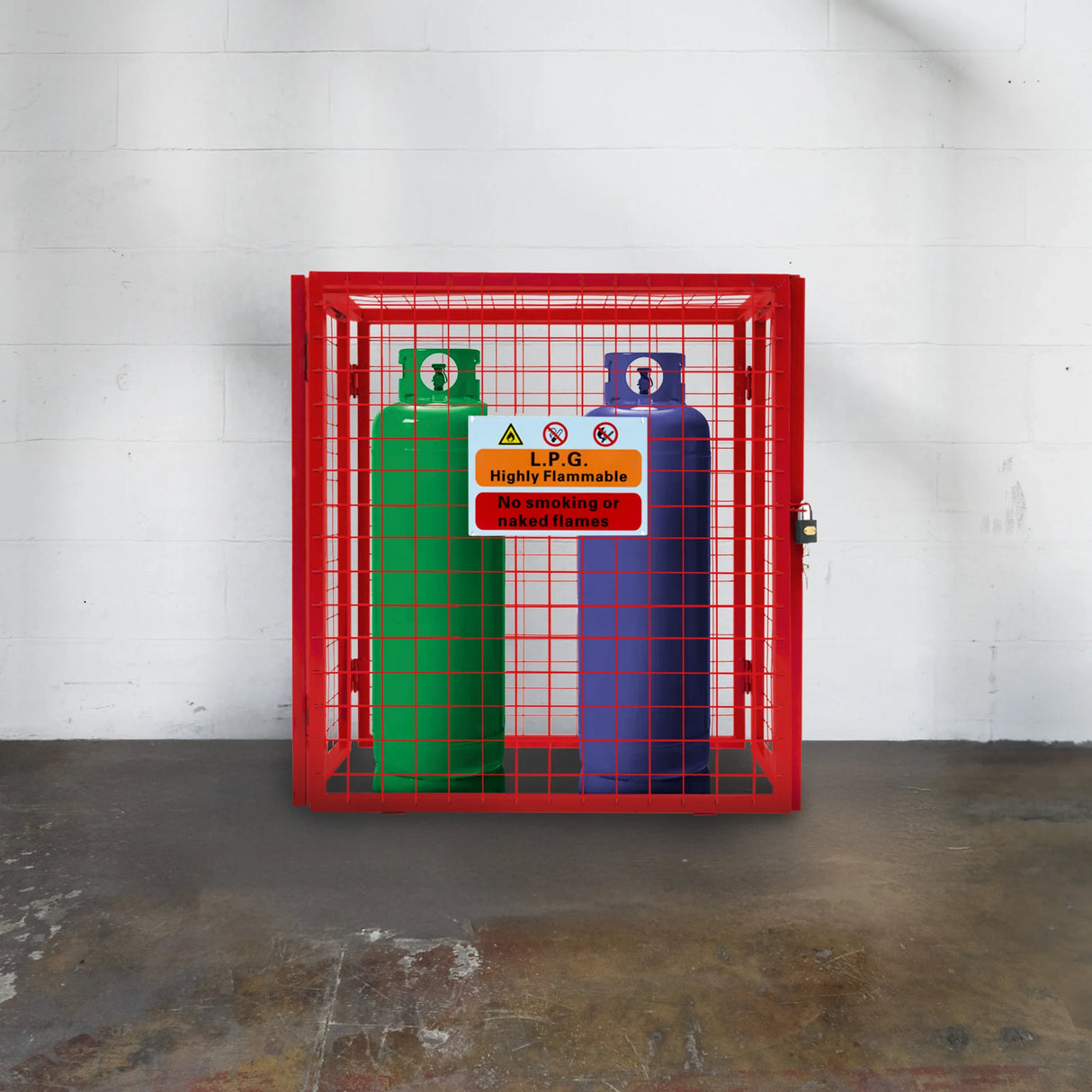 Collapsible red mesh cage for gas bottles, featuring two cylinders in green and blue, with safety warning signs prominently displayed
