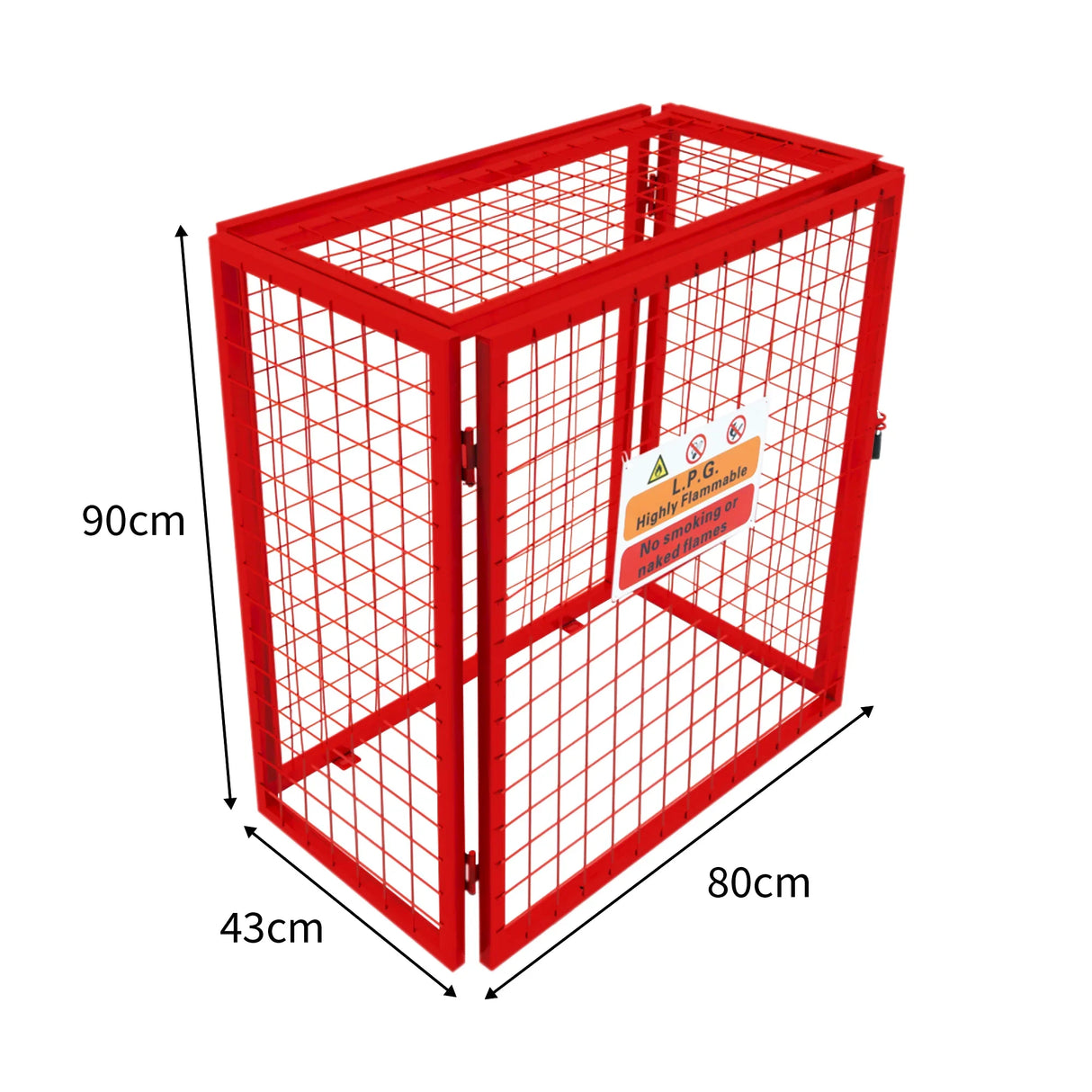 Collapsible red mesh cage for gas bottles, measuring 90cm x 80cm x 43cm, featuring a sturdy wire frame and safety signage