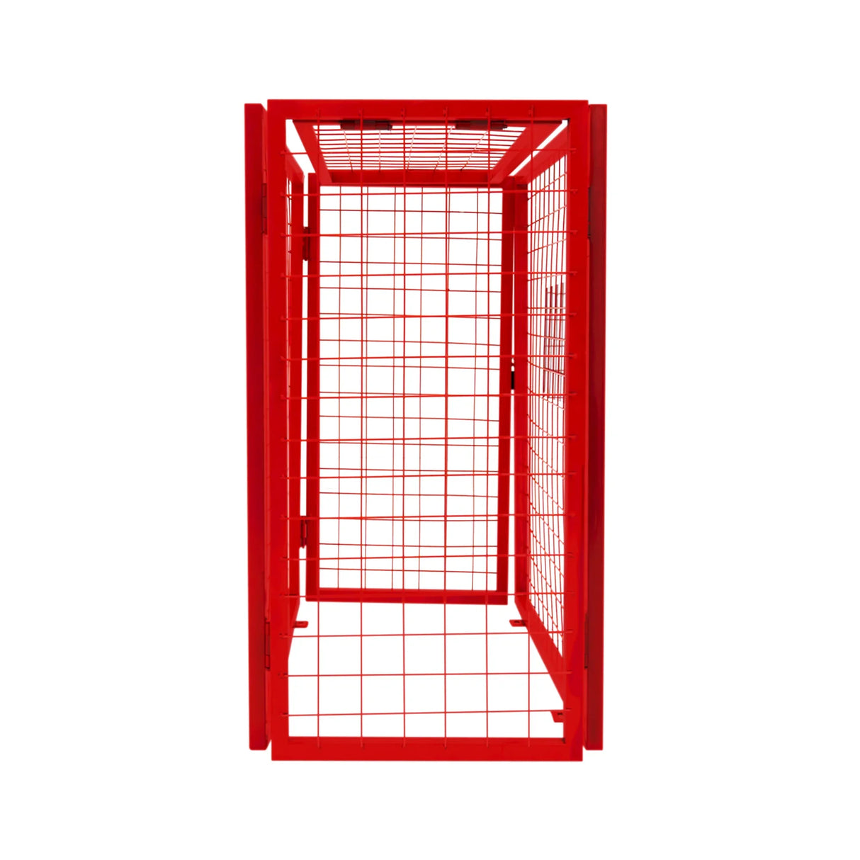 Red collapsible mesh cage for gas bottles, measuring 90cm x 80cm x 43cm, featuring a sturdy grid design and secure door