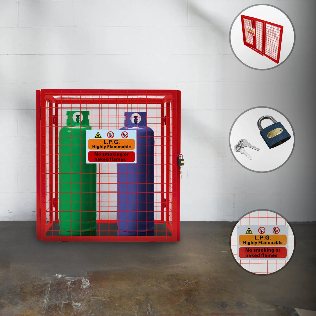 Red collapsible mesh cage for gas bottles, featuring two cylinders, safety signage, and a secure padlock for safety and storage