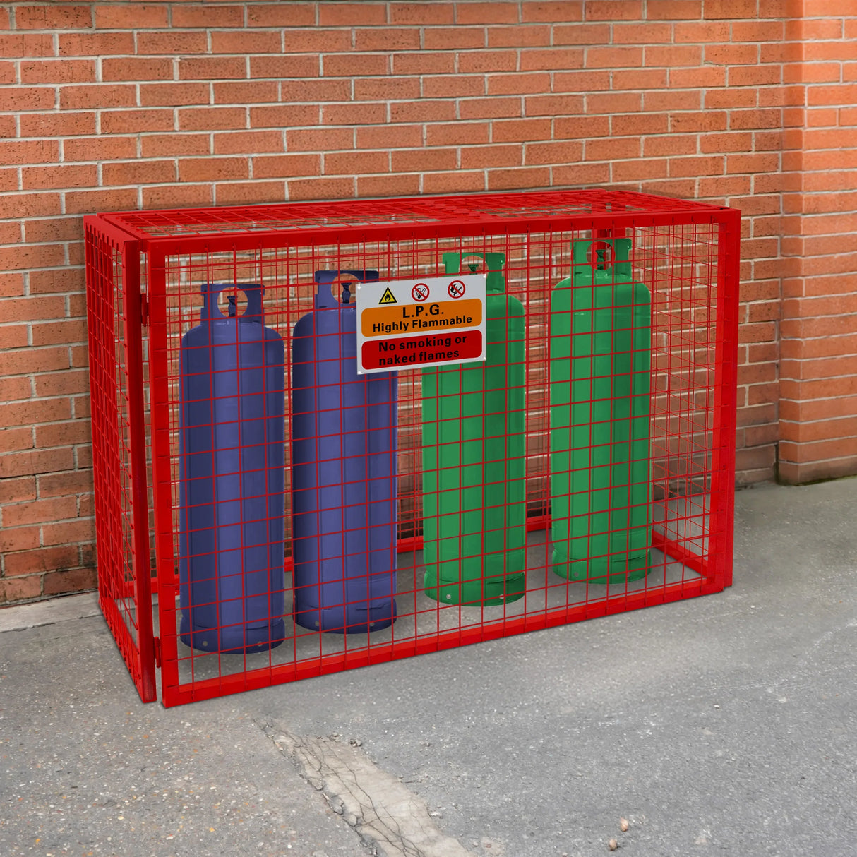 Collapsible red mesh cage for gas bottles, featuring three cylinders in blue and green, with a safety warning sign on the front