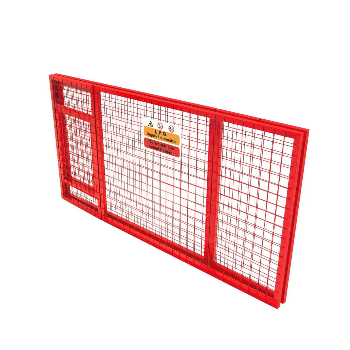 Collapsible red mesh cage for gas bottles, measuring 100cm x 140cm x 50cm, featuring a sturdy grid design for safety and security