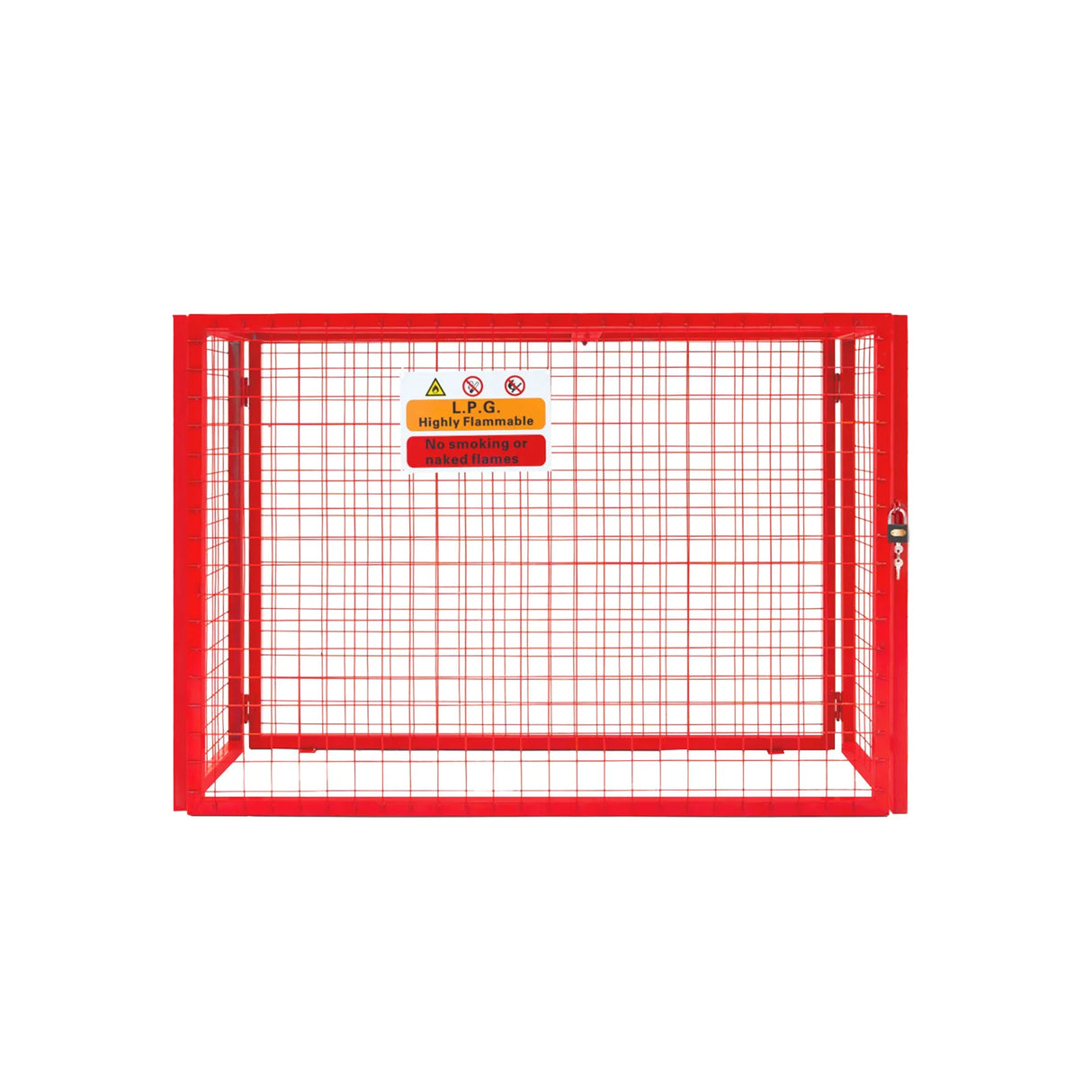 Red collapsible mesh cage for gas bottles, measuring 100cm x 140cm x 50cm, featuring a sturdy metal frame and safety signage