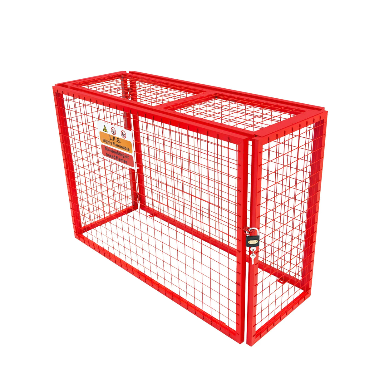 Red collapsible mesh cage for gas bottles, measuring 100cm x 140cm x 50cm, featuring a sturdy grid design and secure lock