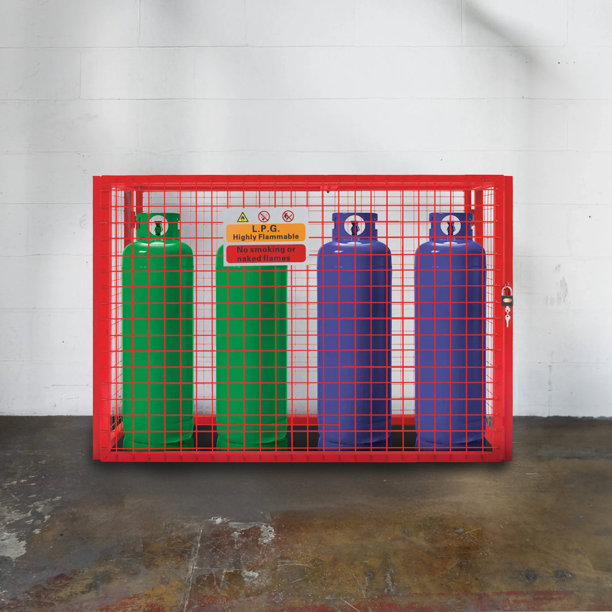 Collapsible red mesh cage securely holds four gas bottles, featuring green and blue cylinders, ideal for safe storage and transport