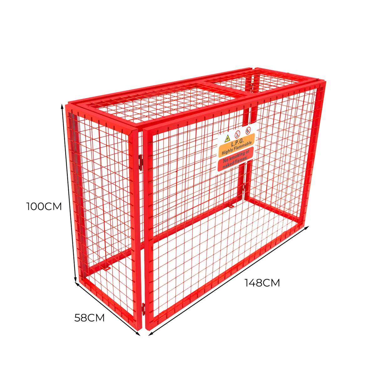 Red collapsible mesh cage for gas bottles, measuring 100cm x 140cm x 50cm, featuring a sturdy metal frame and bright finish