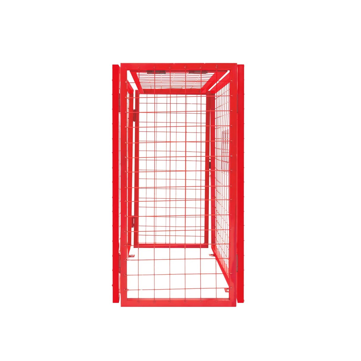 Red collapsible mesh cage for gas bottles, measuring 100cm x 140cm x 50cm, featuring a sturdy grid design for safety and ventilation