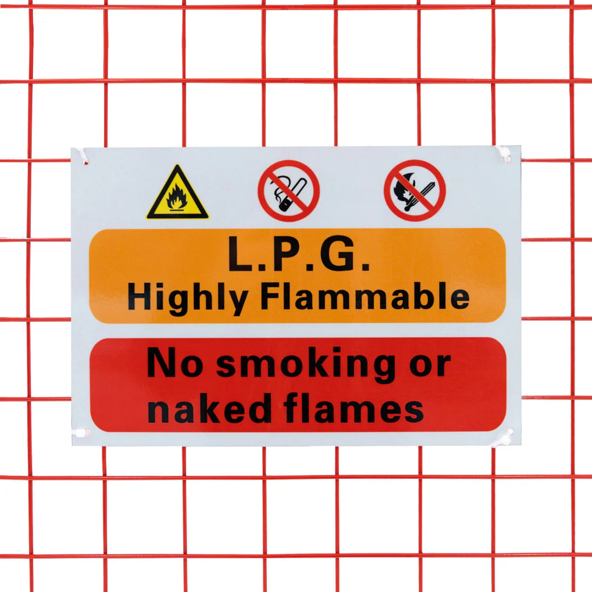 Bright safety sign on a red mesh cage, warning about LPG flammability with symbols and clear text stating "No smoking or naked flames