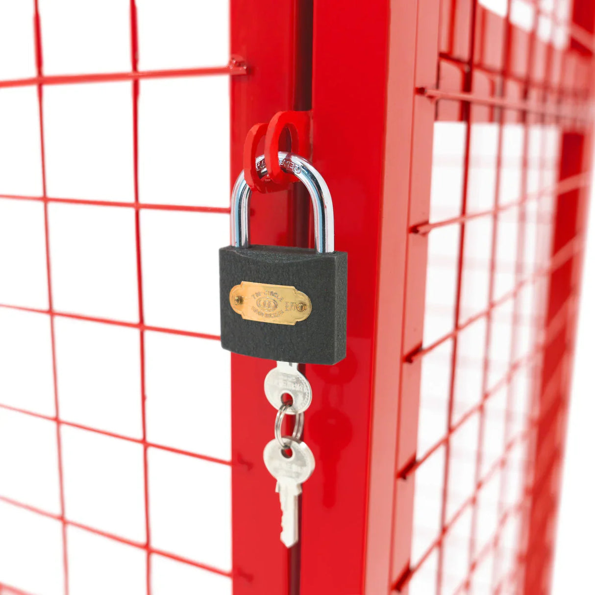 Red gas bottle collapsible mesh cage with a secure padlock, featuring a bright red finish and sturdy wire grid design