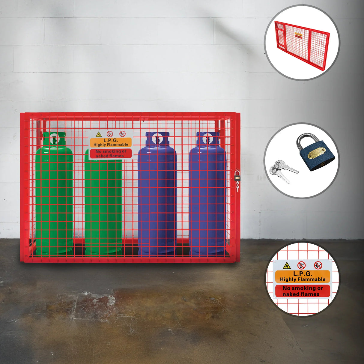 Collapsible red mesh cage for gas bottles, featuring three colored cylinders, safety signs, and a padlock for secure storage