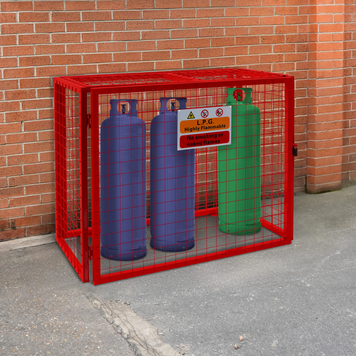 Collapsible red mesh cage for gas bottles, securely holding three cylinders, with a warning sign against flammable materials