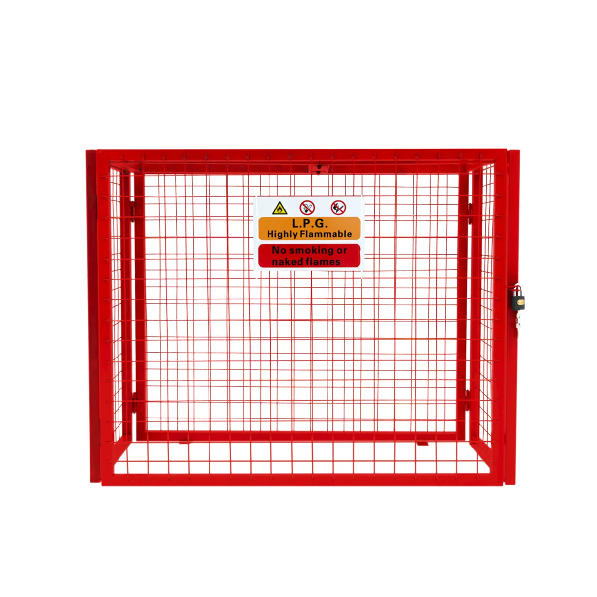 Red collapsible mesh cage for gas bottles, featuring a sturdy frame, safety warning signs, and a lockable door for secure storage