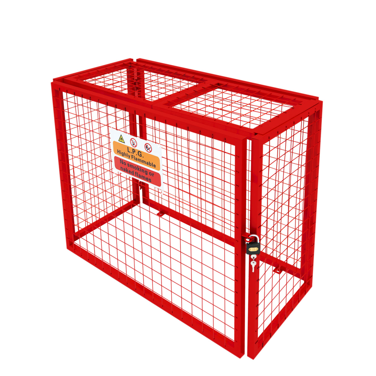 Red collapsible mesh cage for gas bottles, measuring 92cm x 110cm x 50cm, featuring a secure lock and warning labels