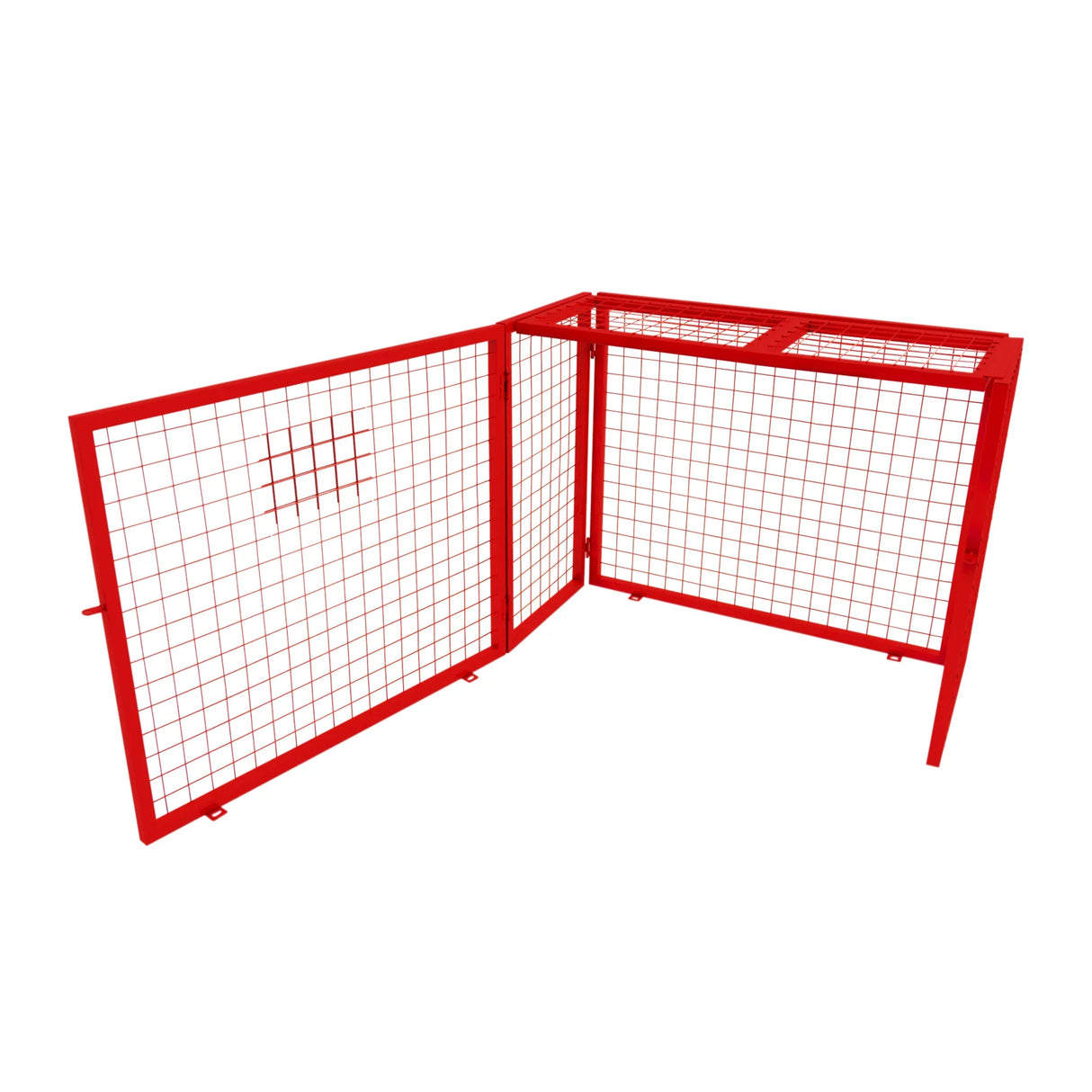 Collapsible mesh cage for gas bottles, featuring a bright red finish, sturdy metal construction, and a grid design for ventilation and security