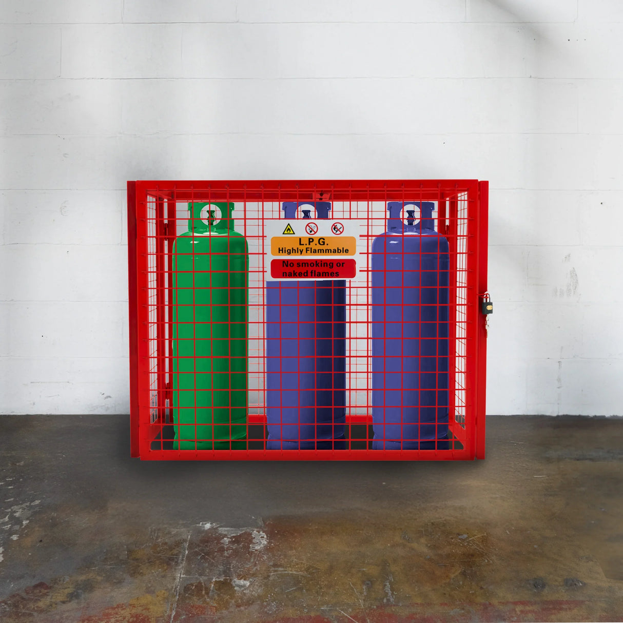 Collapsible red mesh cage for gas bottles, featuring three colorful cylinders: green, blue, and red, with safety warning signs