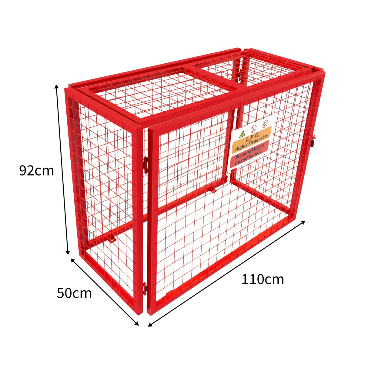 Collapsible red mesh cage for gas bottles, measuring 92cm x 110cm x 50cm, featuring sturdy wire construction and safety signage