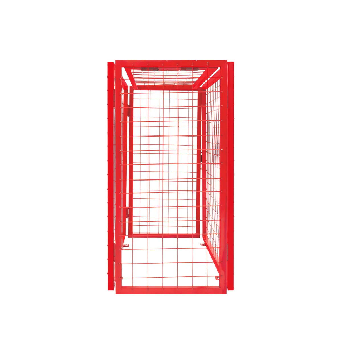 Red collapsible mesh cage for gas bottles, measuring 92cm x 110cm x 50cm, featuring a sturdy grid design for secure storage