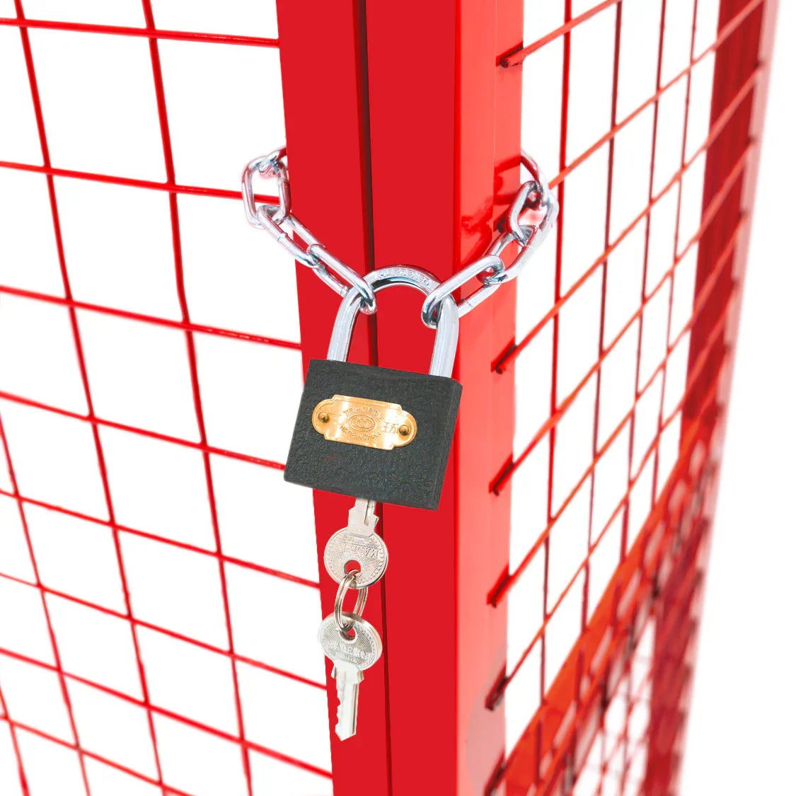 Red gas bottle collapsible mesh cage with a vibrant red finish, featuring a secure lock and chain for safety and storage
