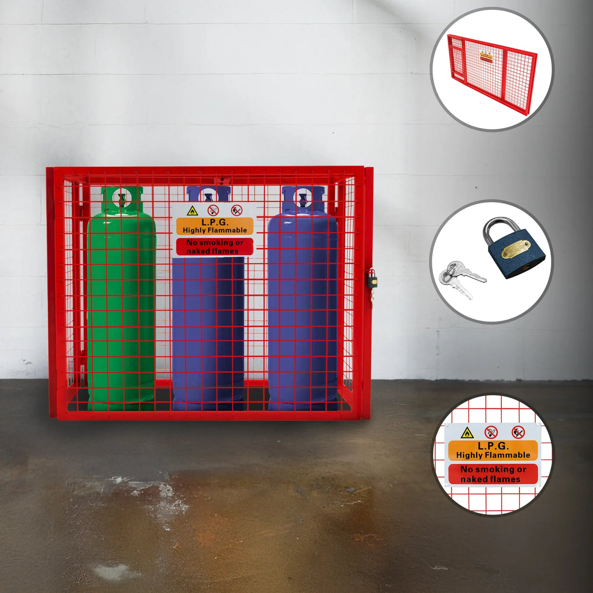 Collapsible red mesh cage for gas bottles, featuring three colored cylinders, safety signage, and a secure lock mechanism