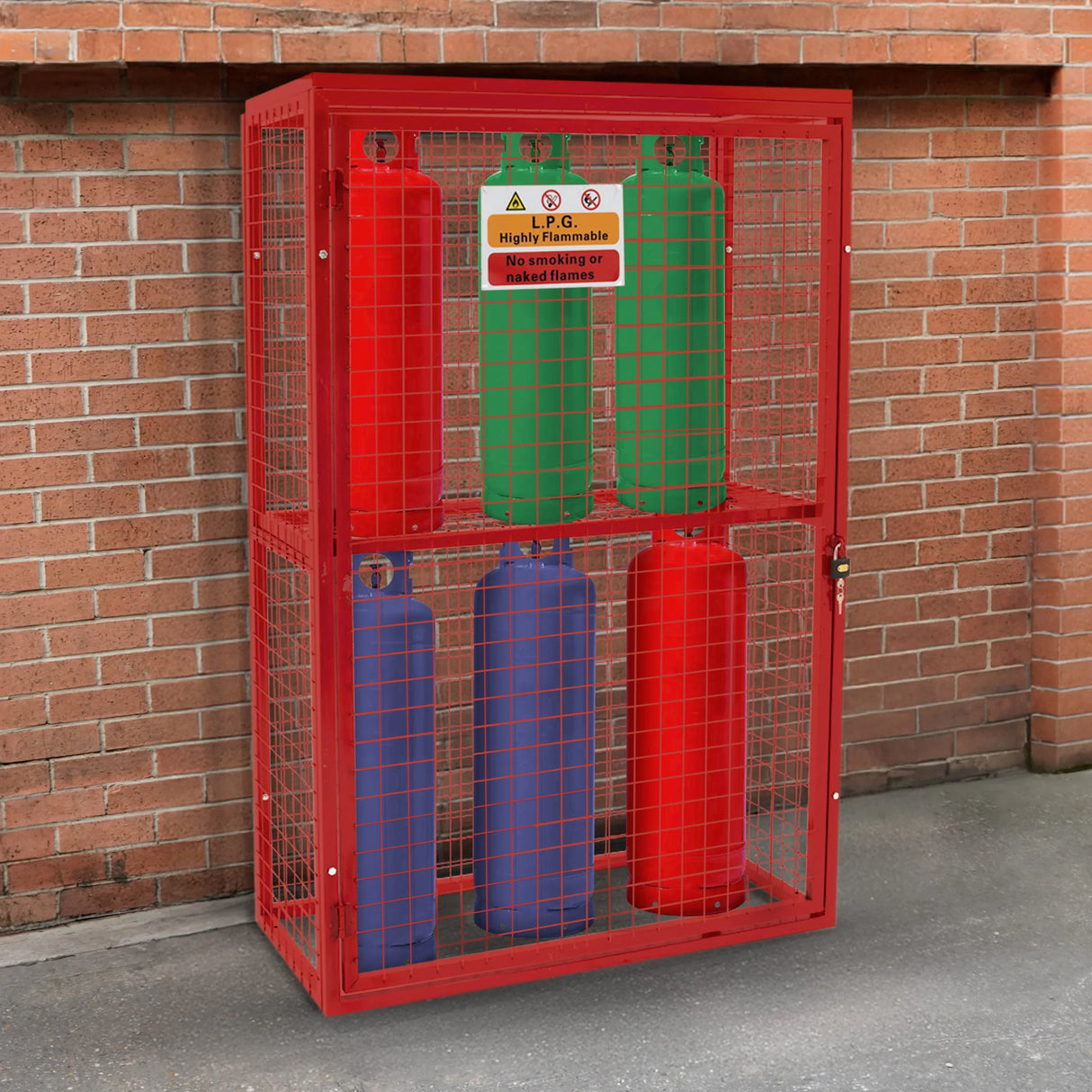 Collapsible mesh cage for gas bottles, featuring a bright red frame with green and blue gas cylinders securely stored inside