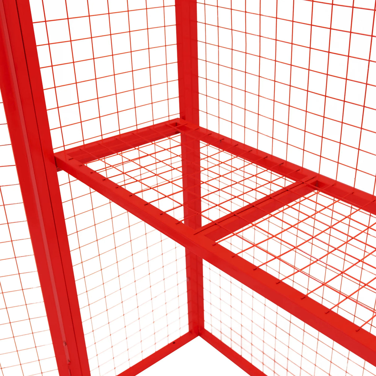 Red collapsible mesh cage for gas bottles, featuring a sturdy grid design, measuring 181cm x 116cm x 57cm, ideal for secure storage