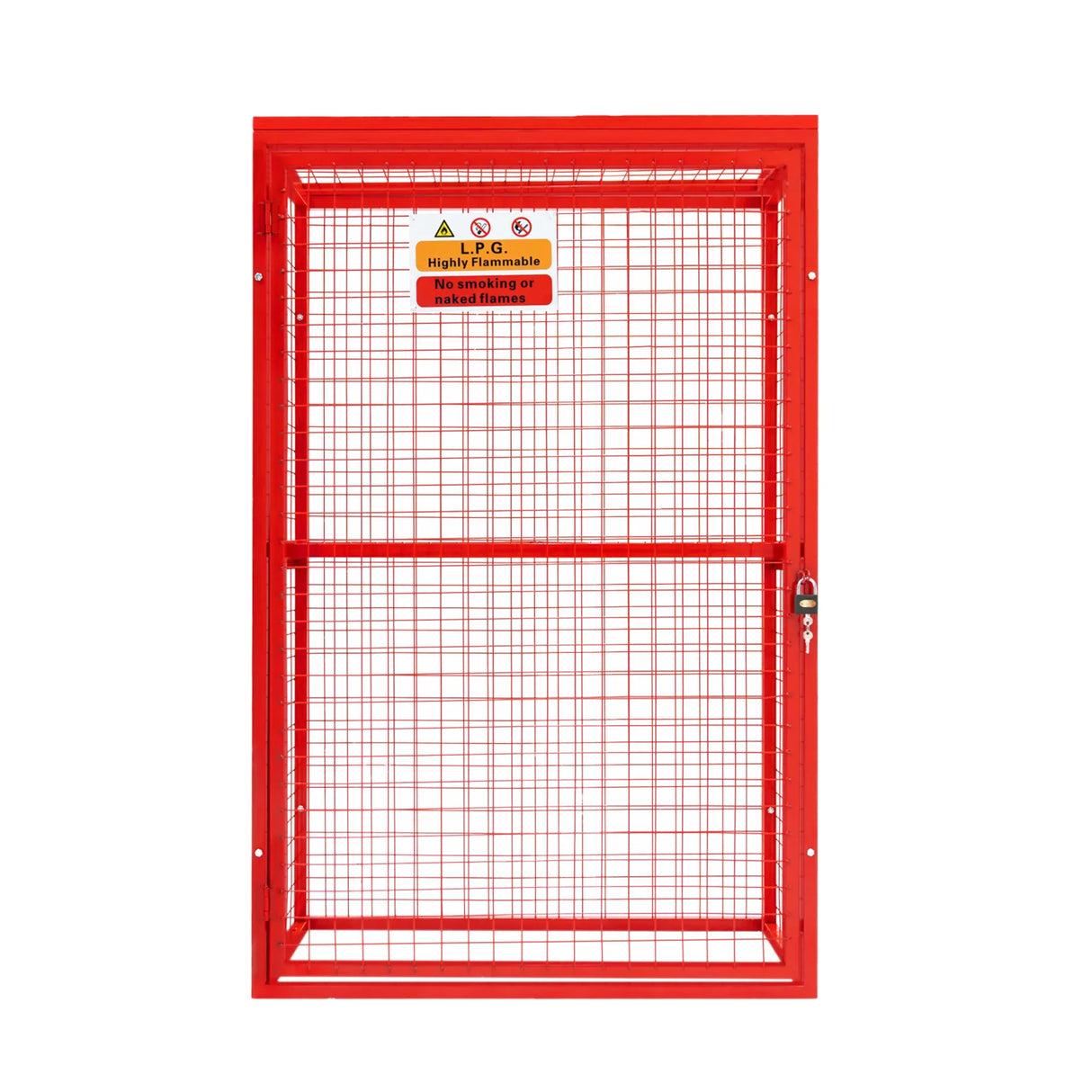 Red collapsible gas bottle mesh cage with a sturdy metal frame, featuring a lockable door and safety warning sign, measures 181cm x 116cm x 57cm